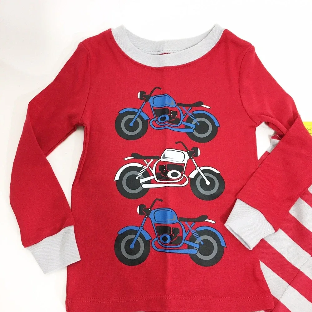 2T Toddler Boys Motorcycle Pajamas Long Sleeve Shirt Pant PJ Set Red Gray Stripe
